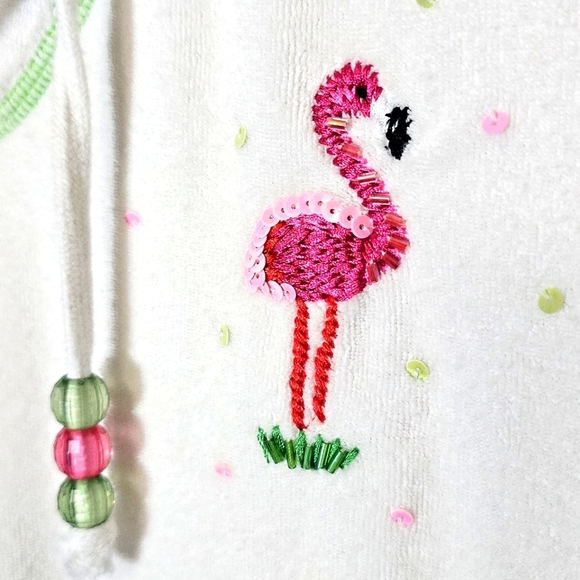 Quacker Factory Beach Cover-Up Terrycloth Womens XS Flamingo Hood Sequins Lounge - Picture 6 of 11